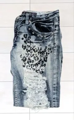 レオパード柄 ダメージデニムパンツ 色落ちインディゴブルー ウォッシュ加工