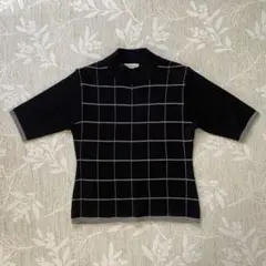 【訳あり】レディース　半袖ニット　トップス　Ｍ　ハイネック　黒×グレー　チェック