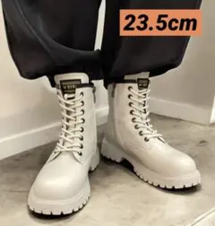 ショート ブーツ 厚底 23. 5cm アイボリー 編み上げ サイドZIP