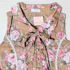 平成 当時物 リズリサ 花柄 リボンタイ レース シャツワンピ