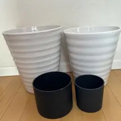 ホワイト陶器植木鉢2個、黒鉢カバー2個