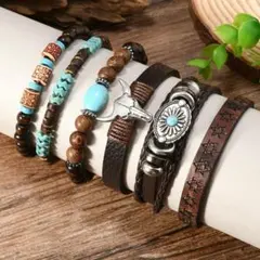 ブレスレット ヴィンテージ風 6連 ターコイズ風 レザー アクセサリーナバホ族風