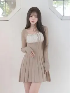 Darich ネックリボンデザインフレアニットミニワンピース