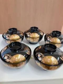 漆器 椀 5個セット 黒赤 花模様 - メルカリ