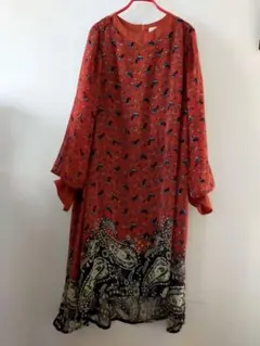 エスニック・ペイズリー柄長袖シフォンワンピース.ブラウス付きフリーサイズ