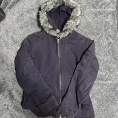 ネイビー ファー付きジップパーカーy2k短丈古着 スケーター グランジ 古着