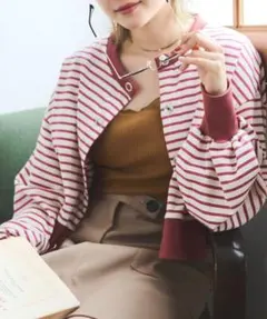 ￥6490新品crispショートボーダーカーディガン パープル レッド えんじ色