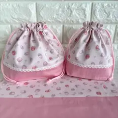 25×35ランチョンマット&お弁当袋&コップ袋　いちご柄　お花　ぴんく　給食袋