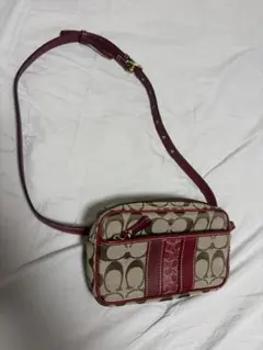 【美品】COACH コーチ シグネチャー ウエストポーチ ボディバッグ 赤レザー