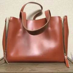 BARCOS オレンジ レザー トートバッグ ジッパー付き