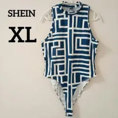 SHEIN 幾何学模様 タンクトップレオタード XL ネイビー　 ホワイト