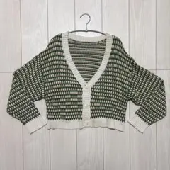 グリーンとアイボリーのVネックニット