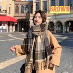 マフラー 大判 ストール ひざ掛け ショール 防寒対策 チェック柄　ブラウン