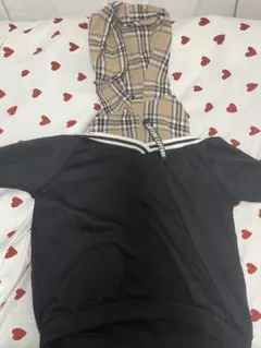 カジュアル黒長袖トップス チェック柄フード付き