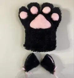 黒猫　肉球手袋　猫耳ヘアピン　コスプレ