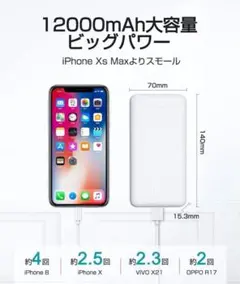 モバイルバッテリー 12000mAh 急速充電 3台同時 Type-C