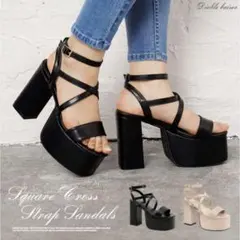新品 厚底 スクエアトゥ クロスストラップサンダル ブラック 24.0cm 高級