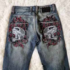 【極美品 Y2K】Affliction スカル刺繍 ストレートデニム 30
