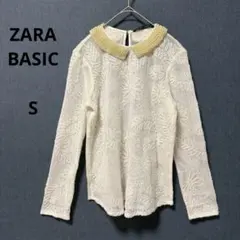 【美品】ザラベーシック　パール襟　シアー花柄トップス　ホワイト　Sサイズ