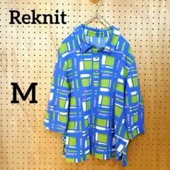 【Reknit】ポロシャツ 水色 M 7分袖 総柄