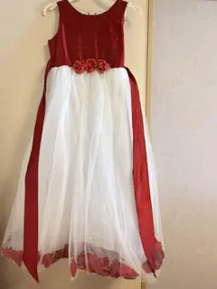 赤と白のフラワーモチーフ　バラ様　子供用ドレス　140センチ　美品