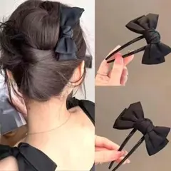 ヘアリボン黒　ガーリーヘアピン　大きなリボン　リボンかんざし　黒リボンヘアコーム