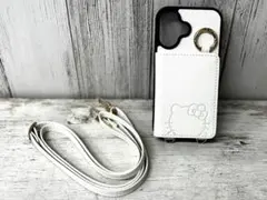 iPhoneケース ストラップ付 オフホワイト レザー 手帳型 カードケース付