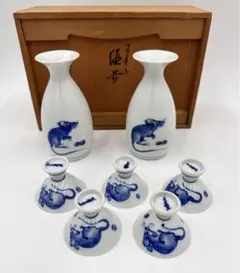 098京焼　平安　河本䃯亭　ネズミ絵柄の徳利とお猪口セット　共箱