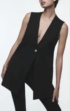 ZARA ラインストーンボタン ロングベスト ジレ ブラックXS