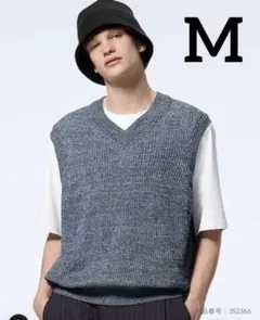 GU ウォッシャブルメランジ　Vネックベスト　ダークグレー　ブラック　ニット