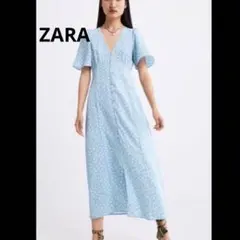 ZARA ブーケ柄　ワンピース　花柄　ロング　ドレス　水色