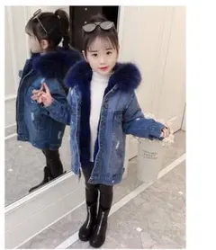 セール割引　新品入荷　キッズ　裏ボア/ファーフードデニムジャケット