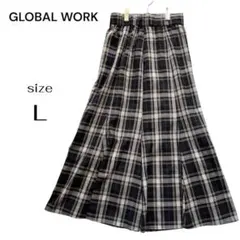 GLOBAL WORK チェック柄 ロングフレアスカート ウエストゴム Lサイズ