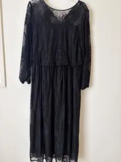 Heather 総レースワンピース ロングドレス ブラック F リボン 長袖