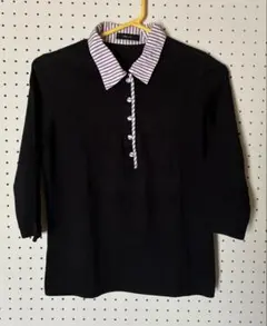 COMME CA ISM ポロシャツ風カットソー L 黒×紫ボーダー 七分袖