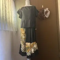 お値下げ　正絹着物リメイク黒留袖　ロングスカート扇柄豪華金彩刺繍