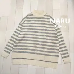 【日本製】NARU ウール100% ボーダーモックネックニットセーター ホワイト