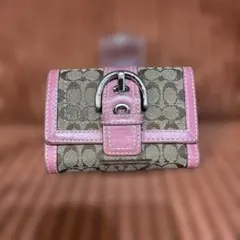 COACH 三つ折り財布 シグネチャー ピンク キャンバス レザーコンパクト財布