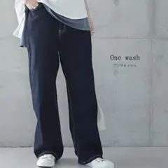 HUG.U ハグユー デニムパンツ M レギュラー丈 ワイドパンツ ブルー