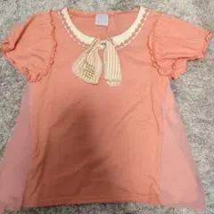 オレンジ色リボン付きフリル袖トップス 100cm子供服