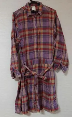 サニークラウズ　チェック長袖チュニックロングワンピース　3L　紫