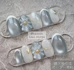 ◯144.ショートオーバル　花　フレンチ　シルキーマグ　水色