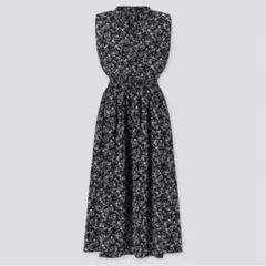 UNIQLO プリントシャーリングロングワンピース　ブラック