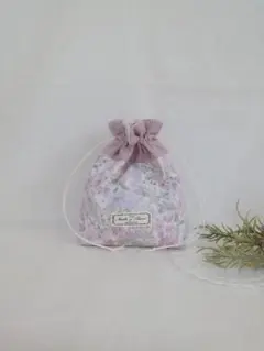 リバティとレースの巾着ポーチ♪ホリーホックス・ピンクブーケ☆ハンドメイド