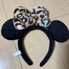 ミッキーマウス耳型カチューシャ ヒョウ柄リボン