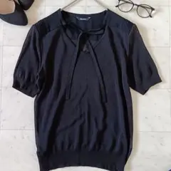 アクアスキュータム ブラウス シアー リボン ギャザー 麻混 ネイビー M