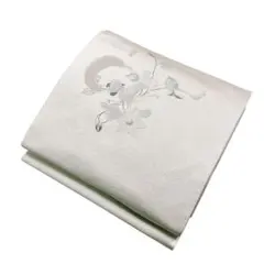 ユ73銀糸名古屋帯 美品 落款あり 草花 銀通し 銀糸 クリーム 正絹 花