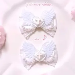 量産型 リボン ヘアクリップ ロリータ 白 病み十字架サブカル天使界隈パール 1