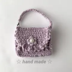 ミニワンハンドルポーチ　ミニナスカン付き　編み物　ライラック(薄紫色)