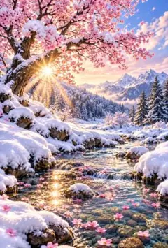 雪桜と朝日　春と冬が出会う　絶景アート　冬景色　春景色　風景画　大自然　C334